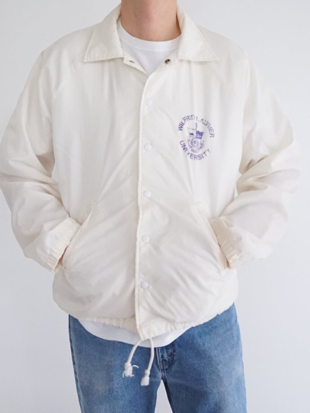 Trimark White Wilfrid Laurier University Crest Spellout Snap Coaches Varsity L